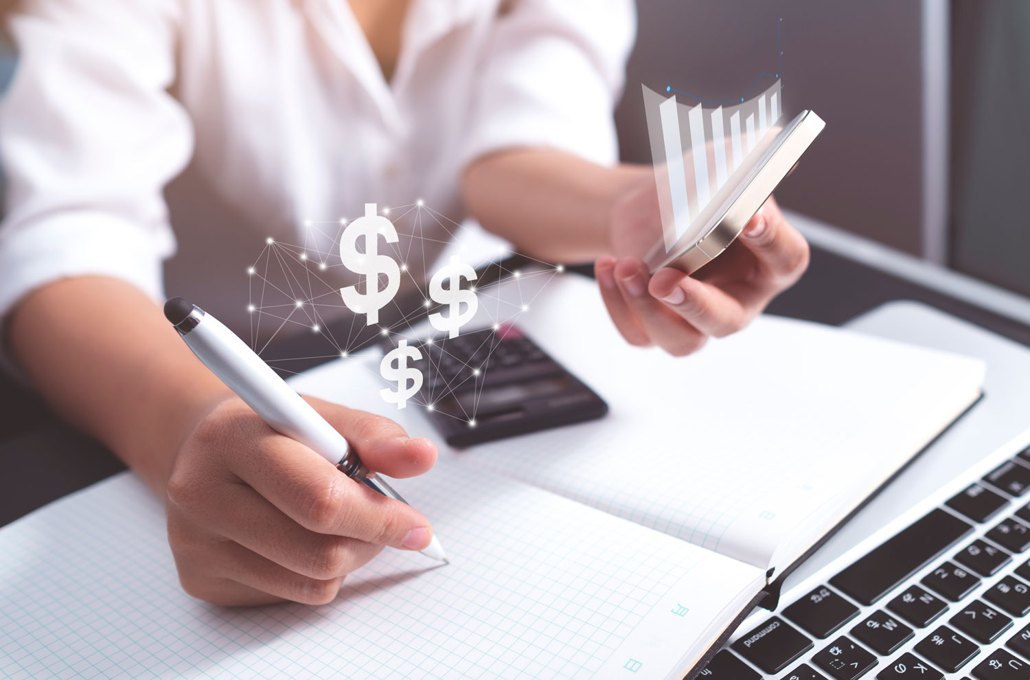Floating dollar bill signs above financial paperwork