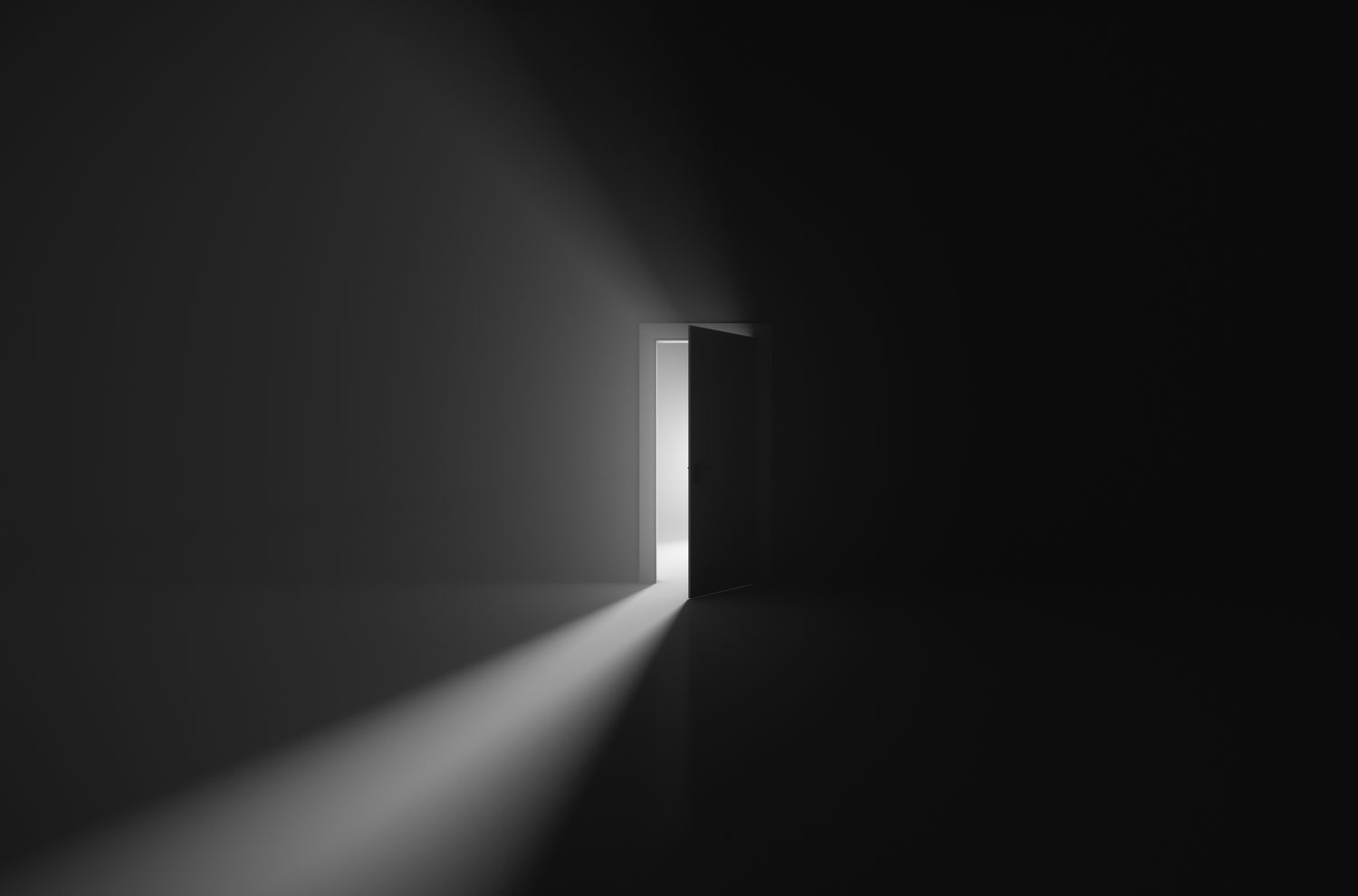 White door opening in blacked-out room