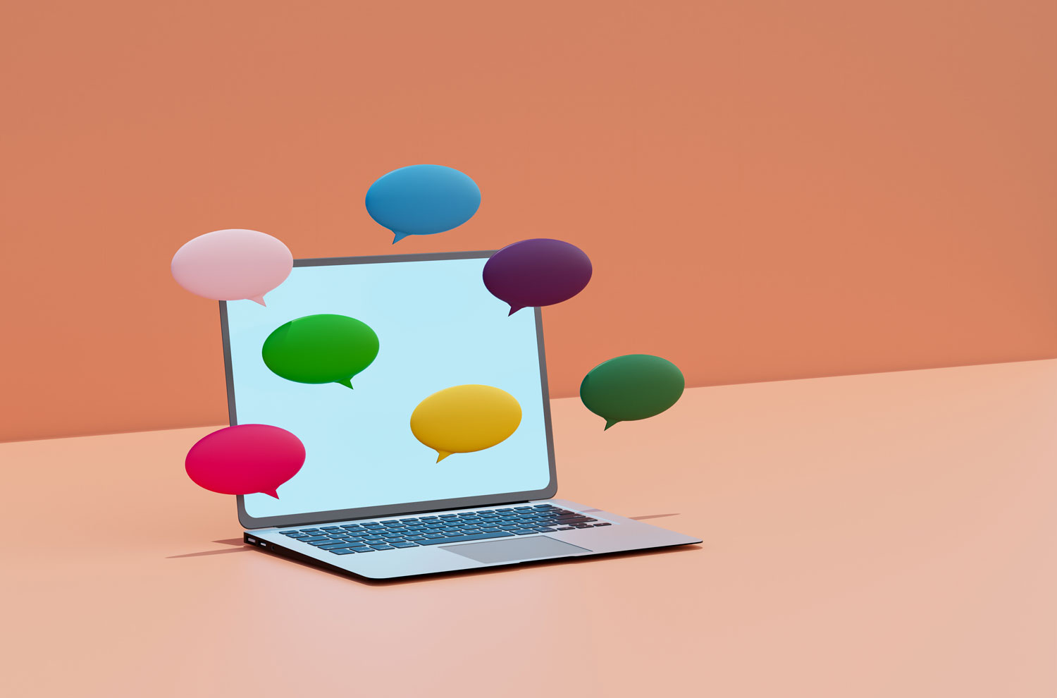 Illustration of laptop with multiple chat bubbles floating beside it