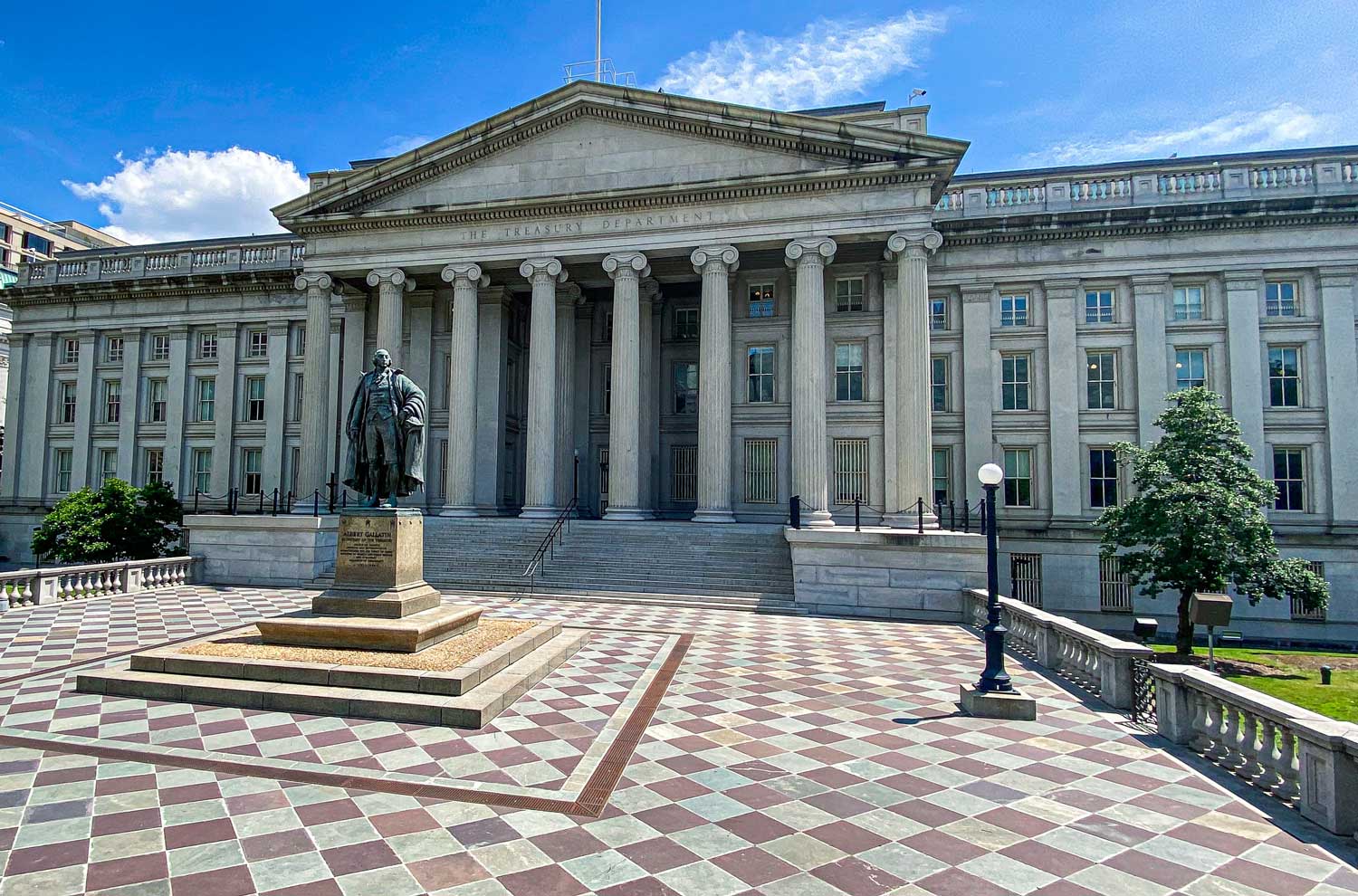 Treasury department building facade on a sunny day