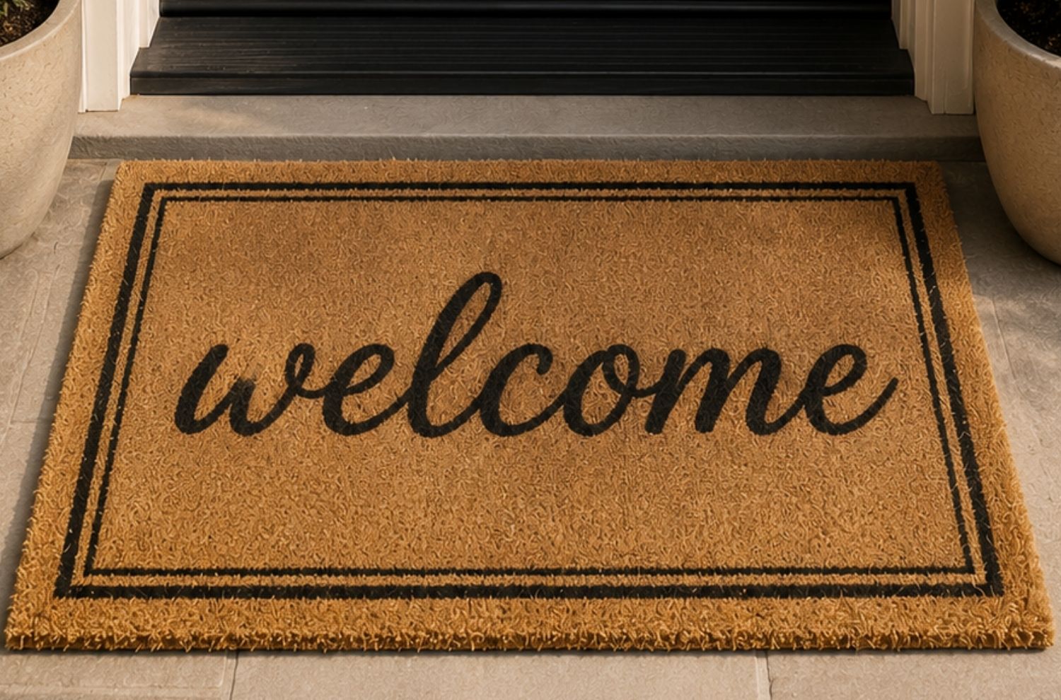 Welcome mat on house front porch
