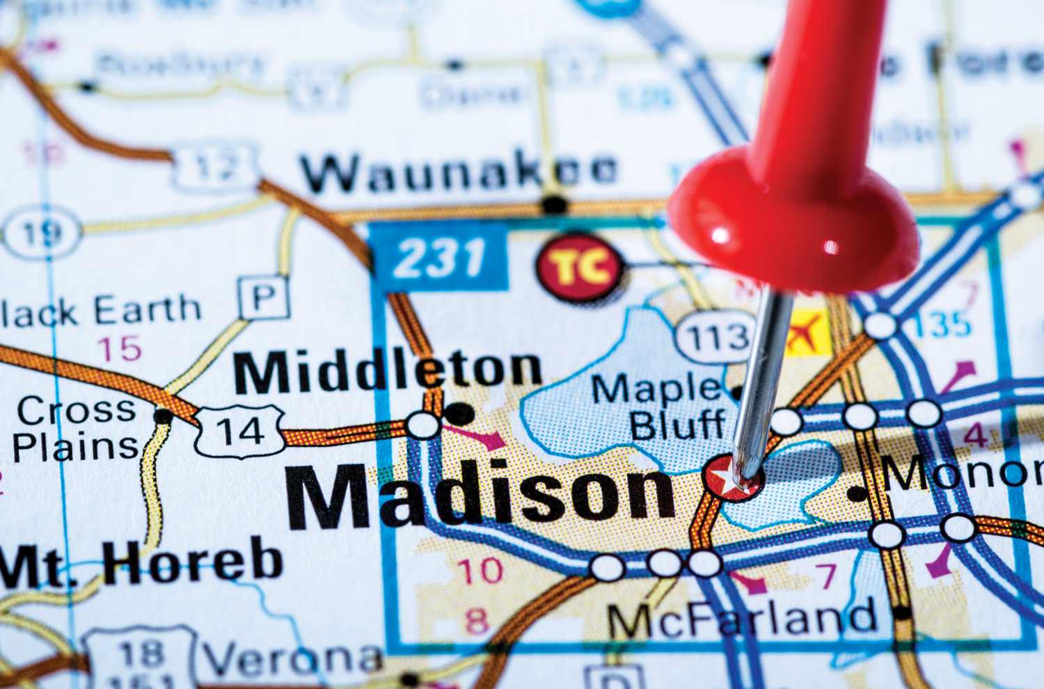 Push pin on Madison Wisconsin map