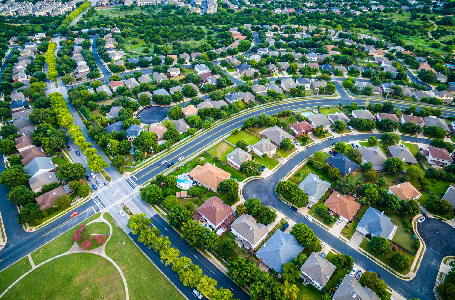 Aerial view of American suburban neighborhood